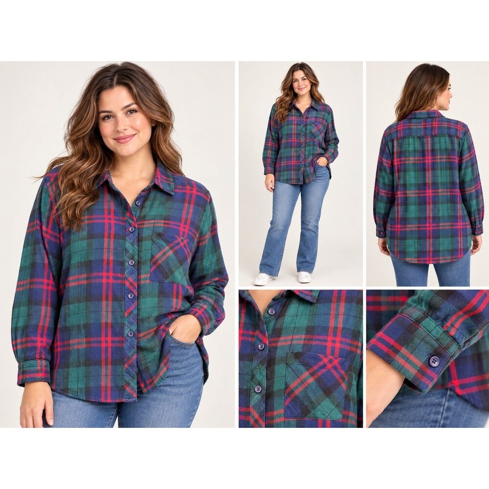 Faded Glory Women’s 1X 16W Plaid Flannel Shirt Green Blue Red Long Sleeve...